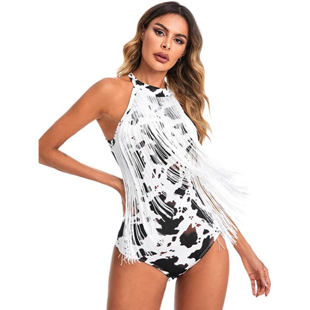 Women's Black Cow Print Halter Neck Fringe Hem Sleeveless Body